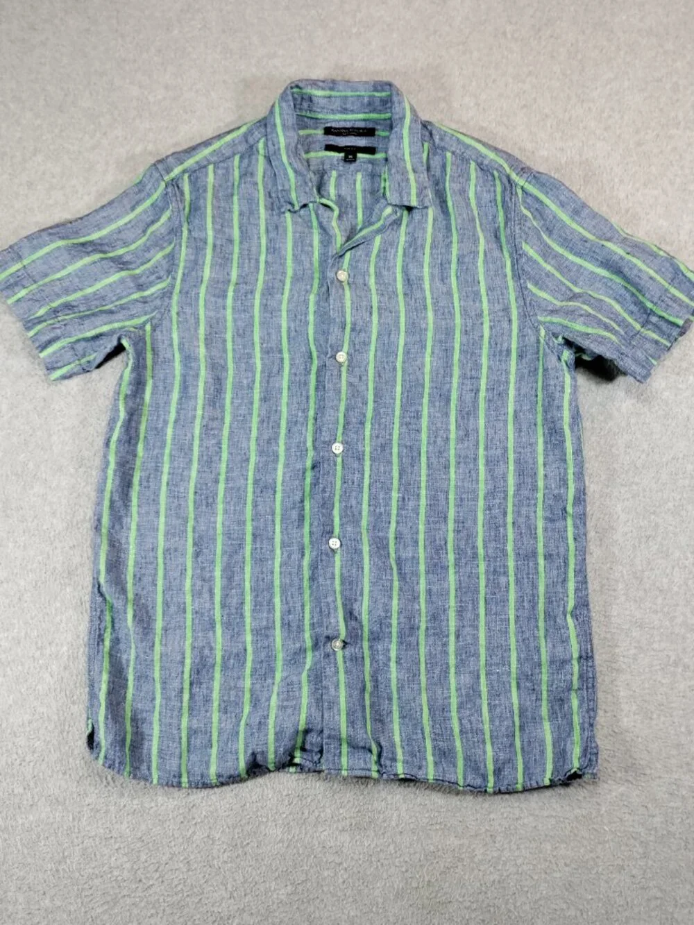 Banana Republic Mens M Slim Fit Linen Shirt Blue Green Stripe